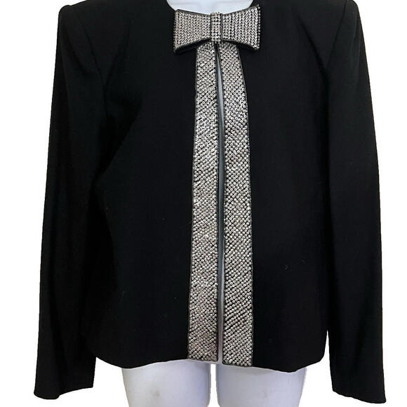 Nolan Miller Vtg Rhinestone Bow Placket Black Wool Evening Jacket Vtg 90s sz 12 - Picture 4 of 9
